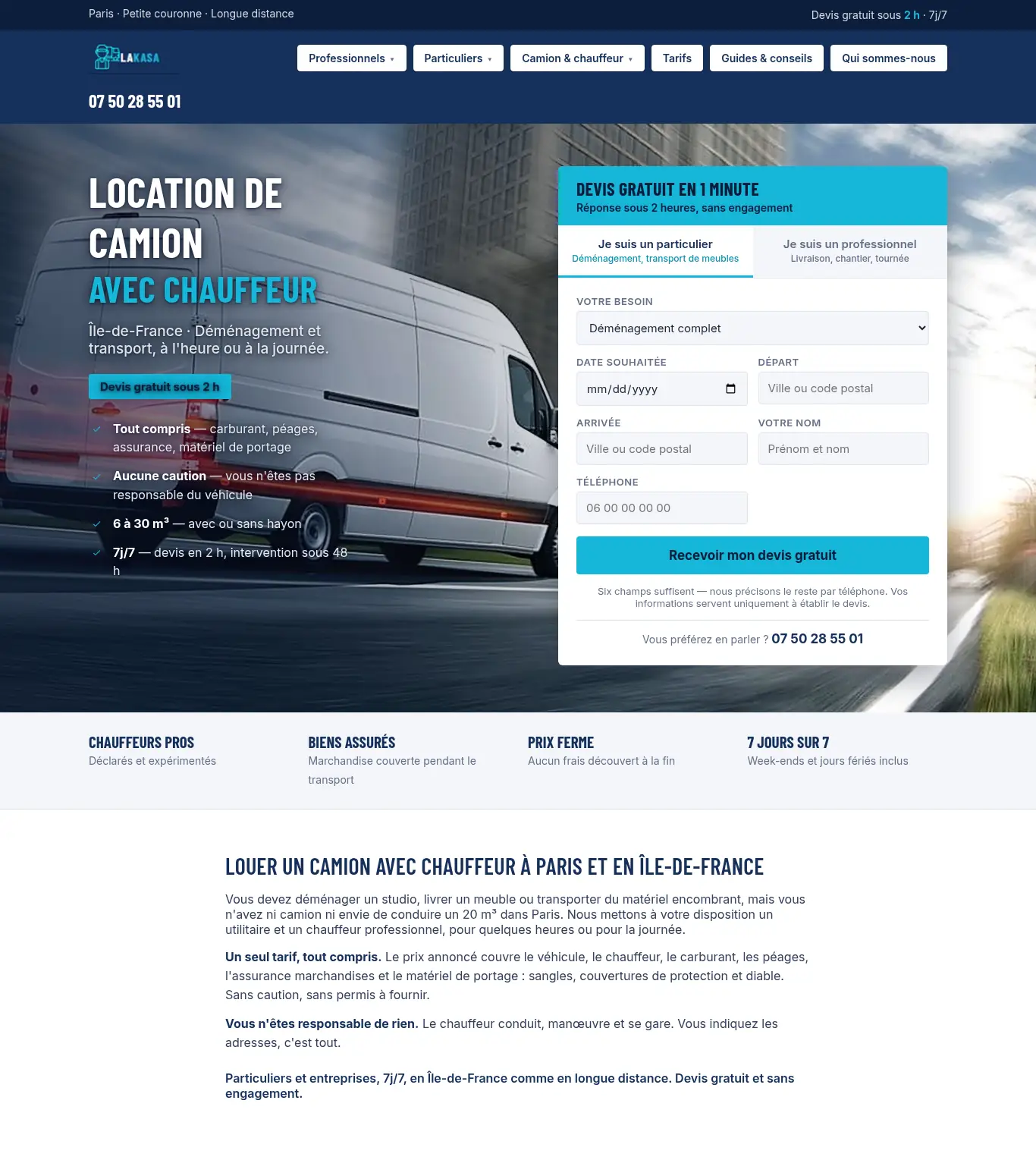 Maquette de la nouvelle page d'accueil pour camion-avec-chauffeur.fr