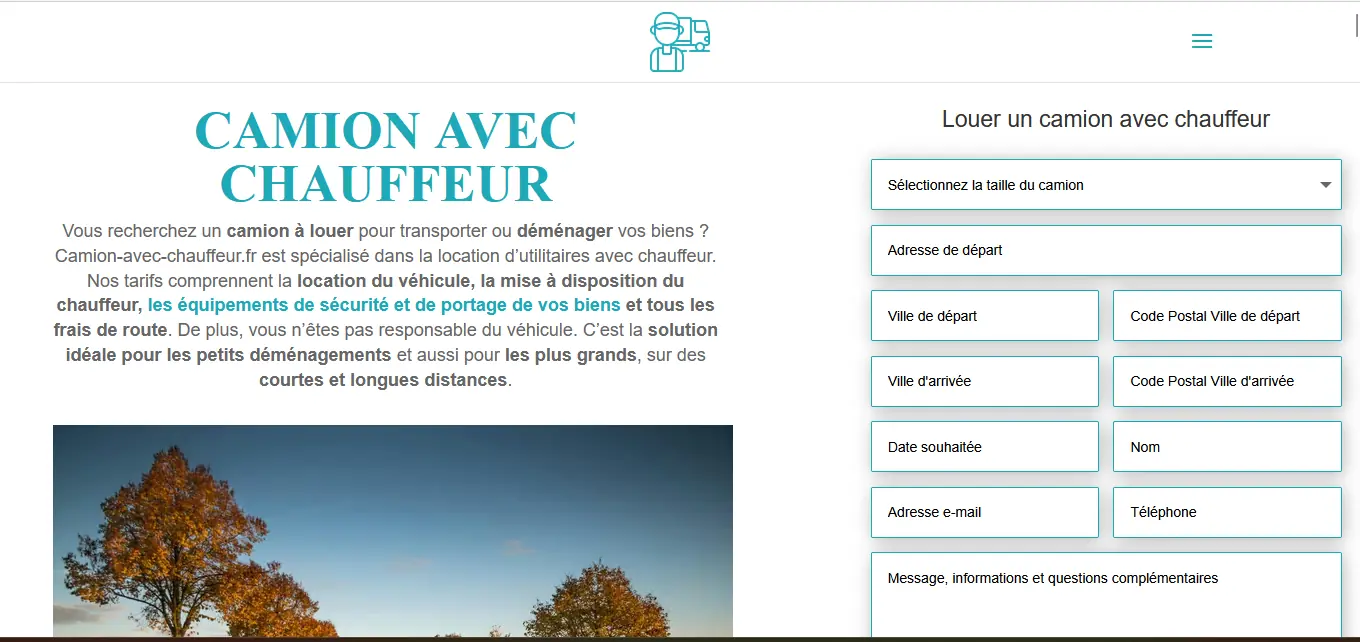 Page d'accueil actuelle de camion-avec-chauffeur.fr