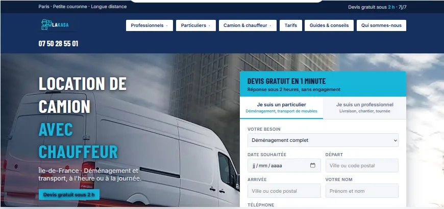 Page d'accueil du site de location de camion avec chauffeur