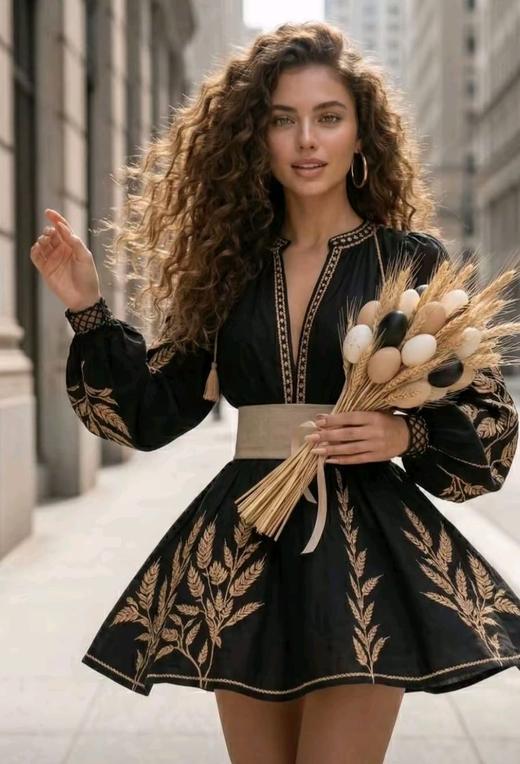 Robe courte noire brodée d'épis de blé dorés