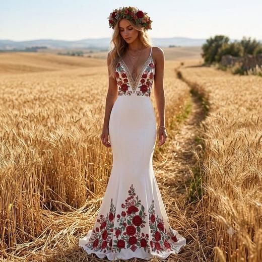 Robe sirène blanche brodée de roses rouges dans un champ de blé