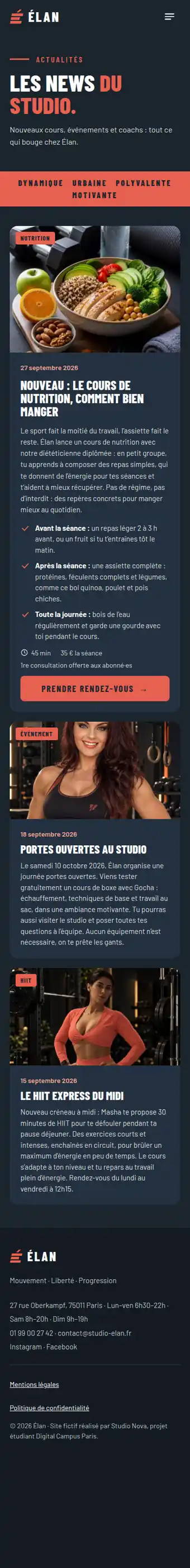 Site Élan, page Actualités, version mobile
