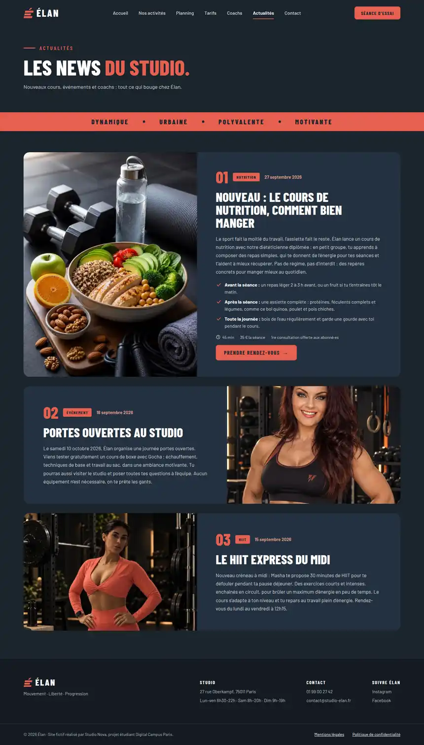 Site Élan, page Actualités, version ordinateur