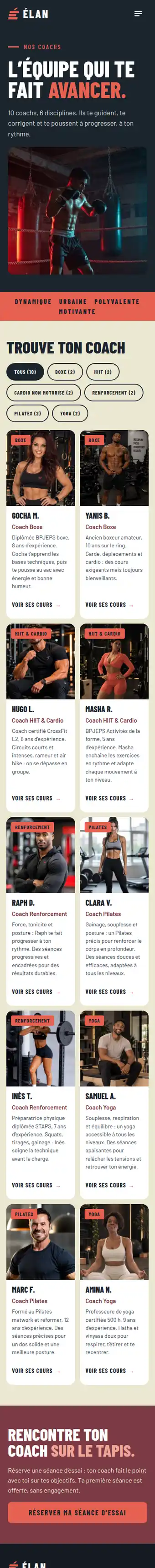 Site Élan, page Coachs, version mobile