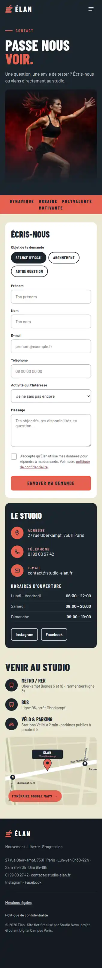 Site Élan, page Contact, version mobile