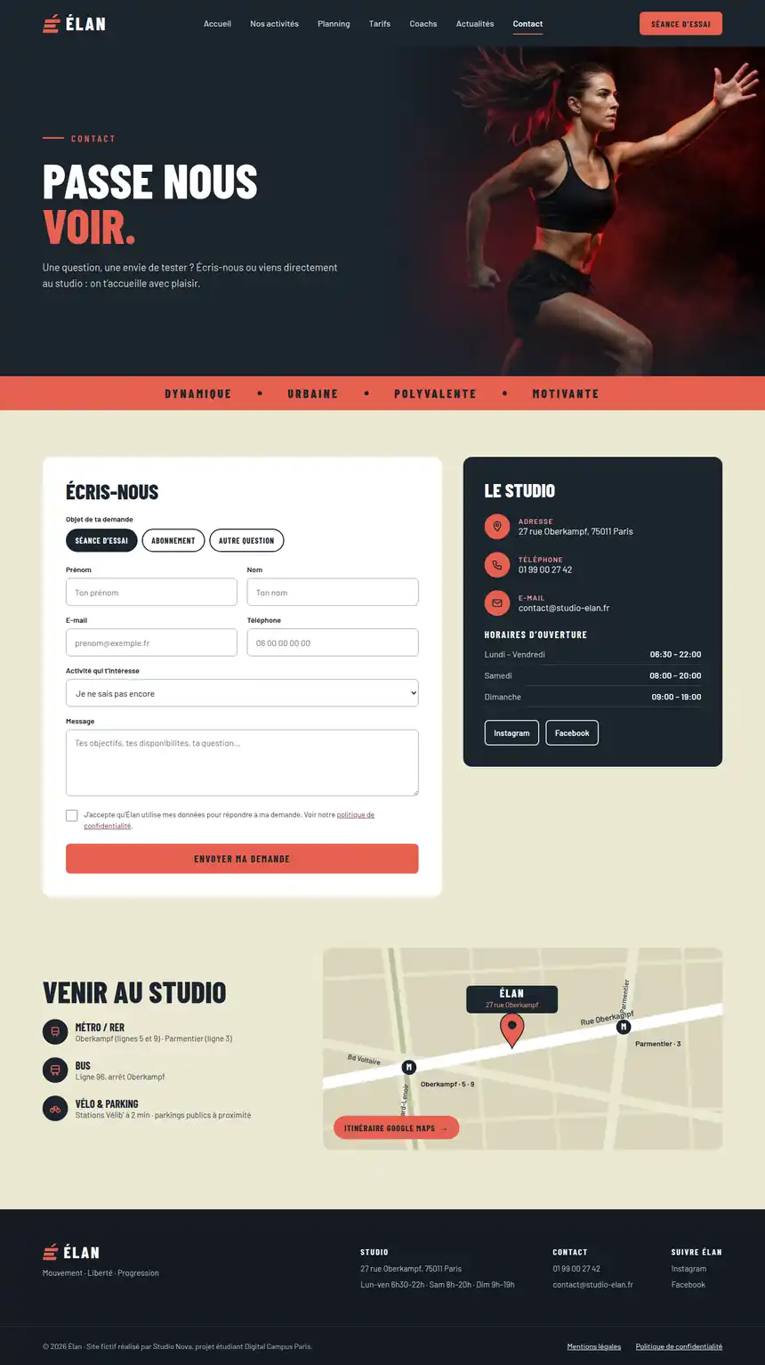Site Élan, page Contact, version ordinateur