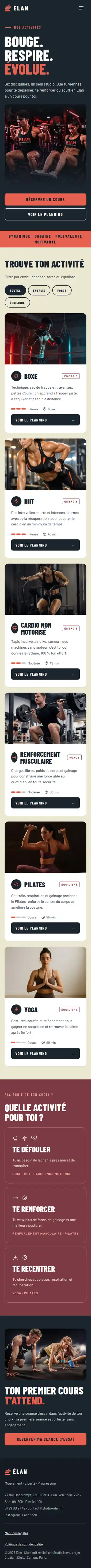 Site Élan, page Nos activités, version mobile