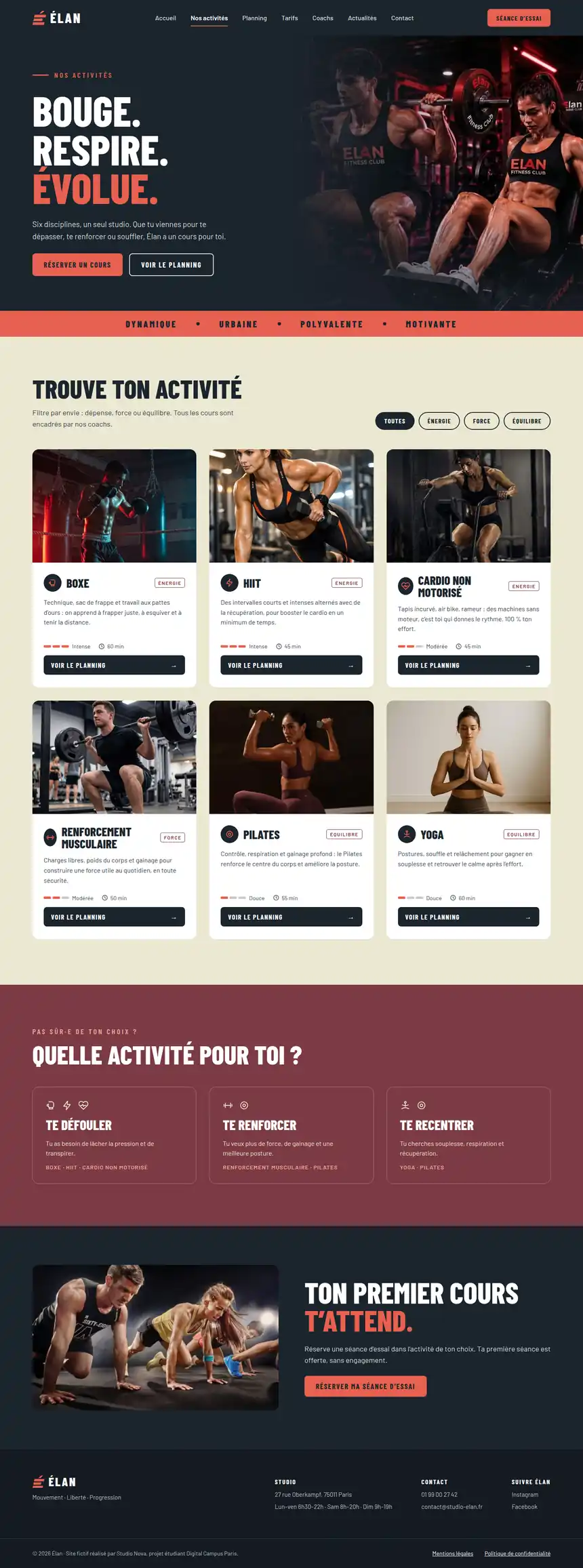 Site Élan, page Nos activités, version ordinateur