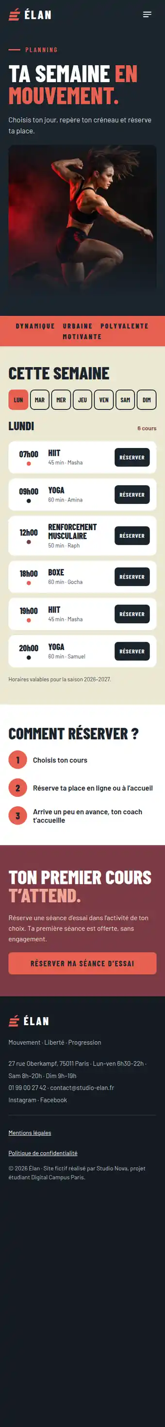 Site Élan, page Planning, version mobile