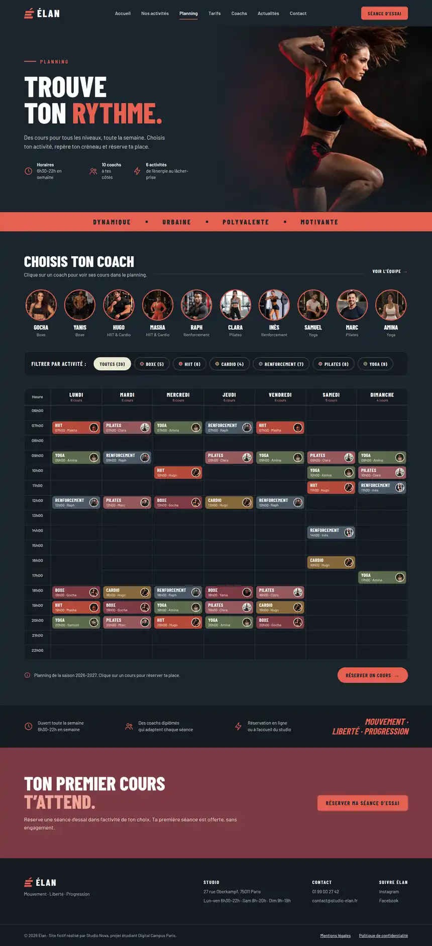 Site Élan, page Planning, version ordinateur