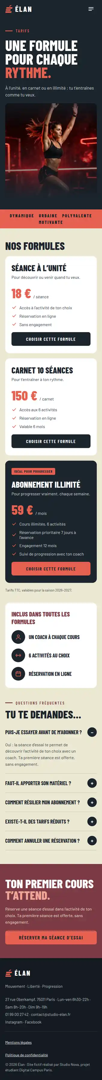 Site Élan, page Tarifs, version mobile