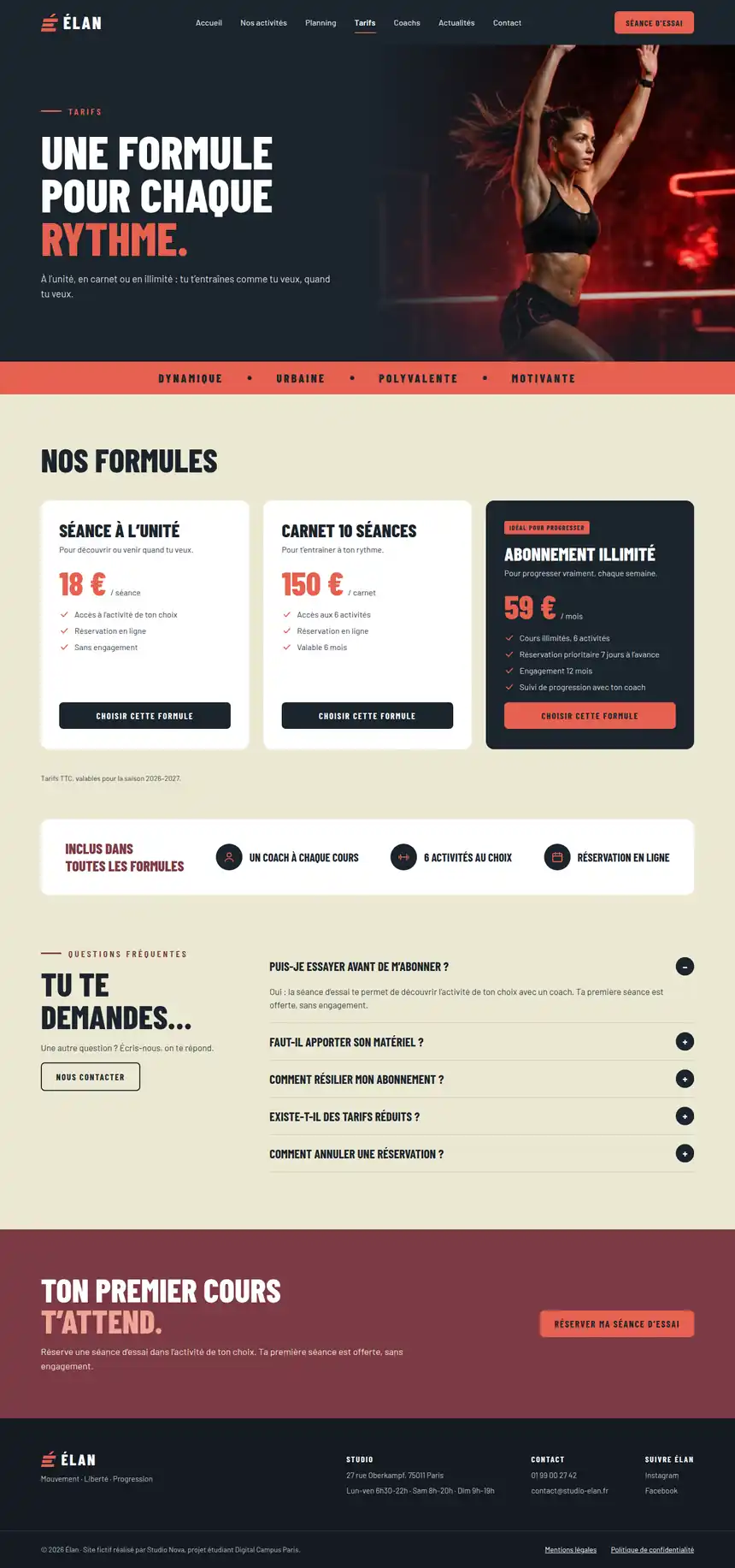 Site Élan, page Tarifs, version ordinateur