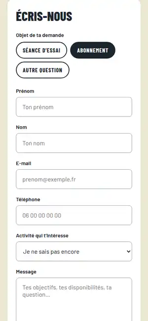 Site Élan sur mobile : le contact