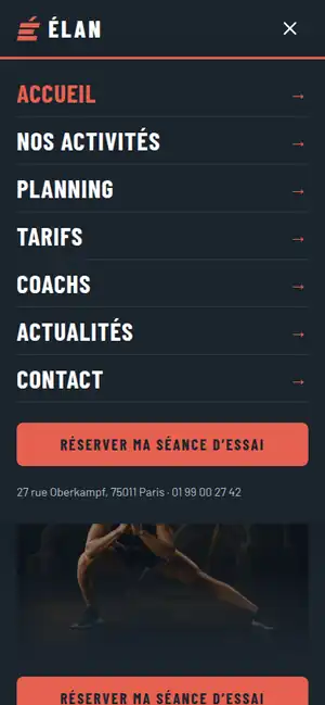 Site Élan sur mobile : le menu