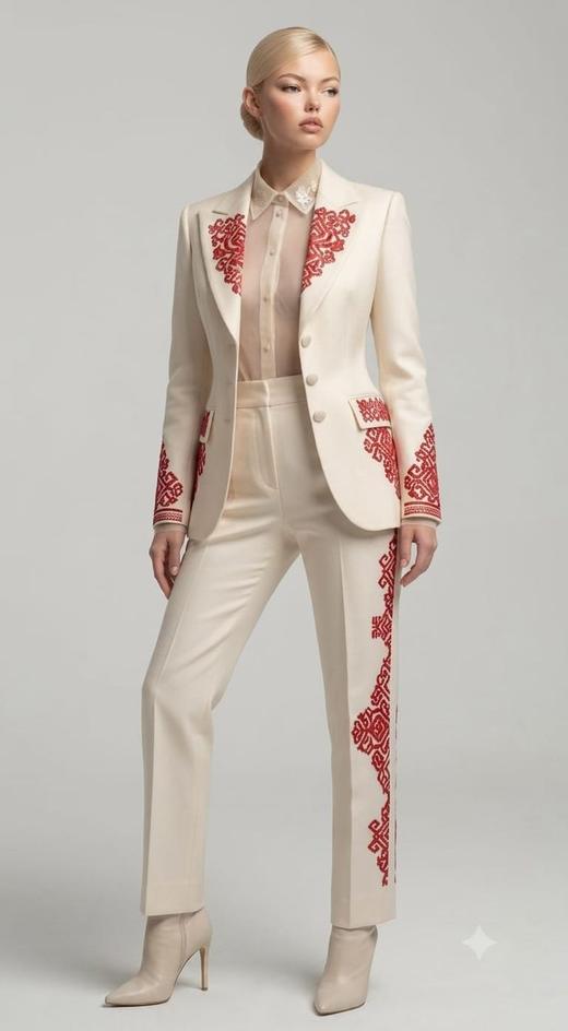 Tailleur crème brodé de motifs slaves rouges, collection SLAVE HAFTA