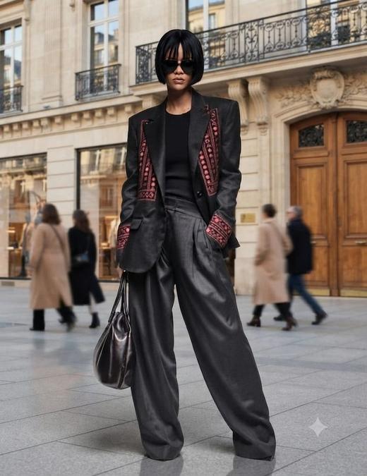Tailleur noir brodé porté dans une rue de Paris, look SLAVE HAFTA