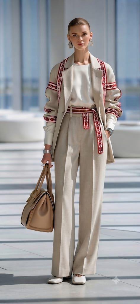 Veste beige à galons brodés rouges et pantalon large, look SLAVE HAFTA