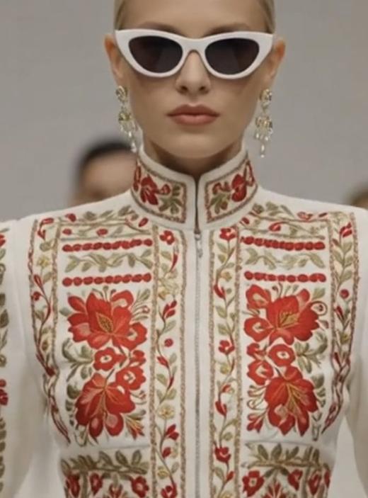 Veste blanche à col montant entièrement brodée de fleurs rouges